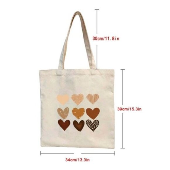 Brown Hearts Canvas Shopper Tote Bag Reusable - Picture 2 of 2